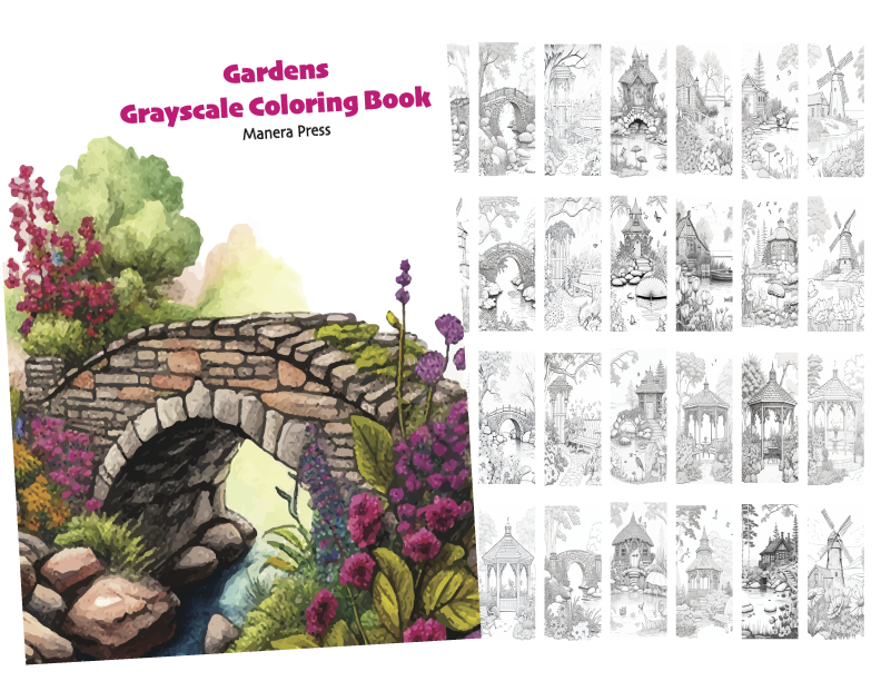 Gardens Grayscale Coloring Book 28 pages PDF or printed pages